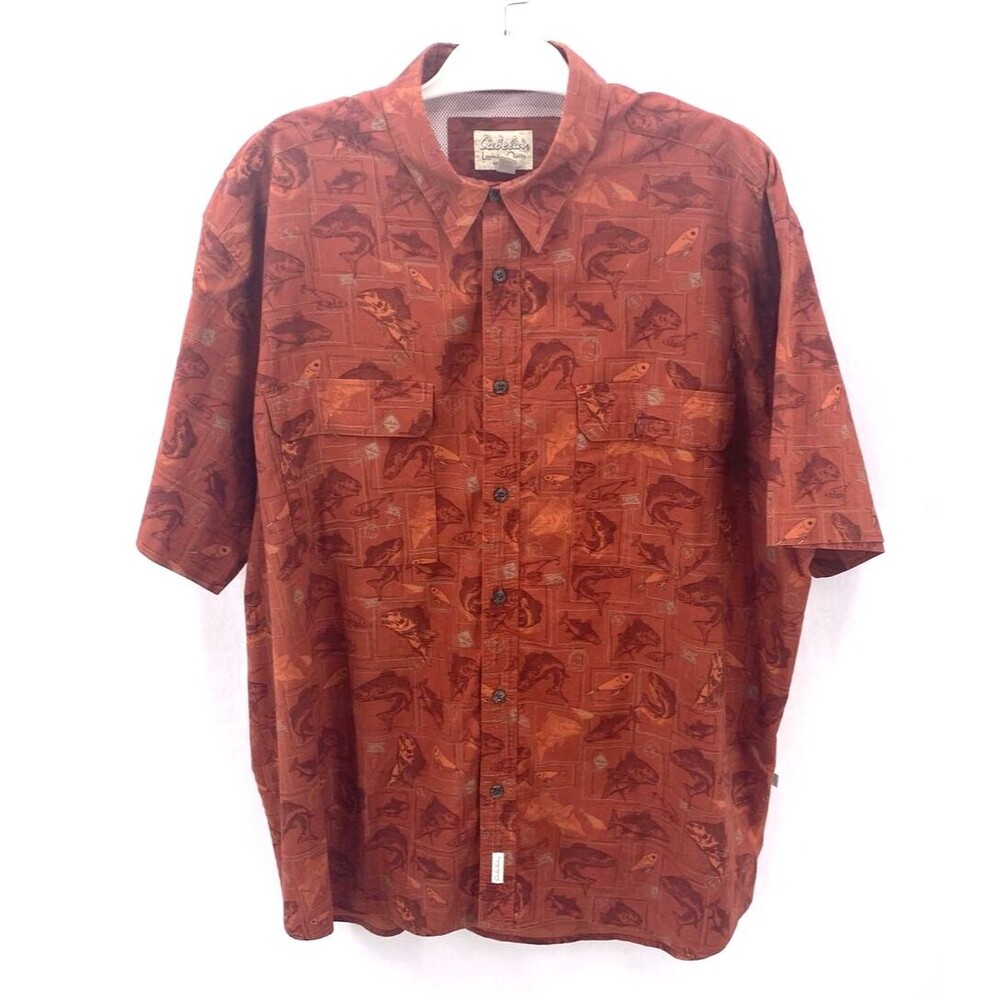 Cabelas Fishing Shirt Mens 2XL Rust Fish Print Vented Short Sleeves EUC